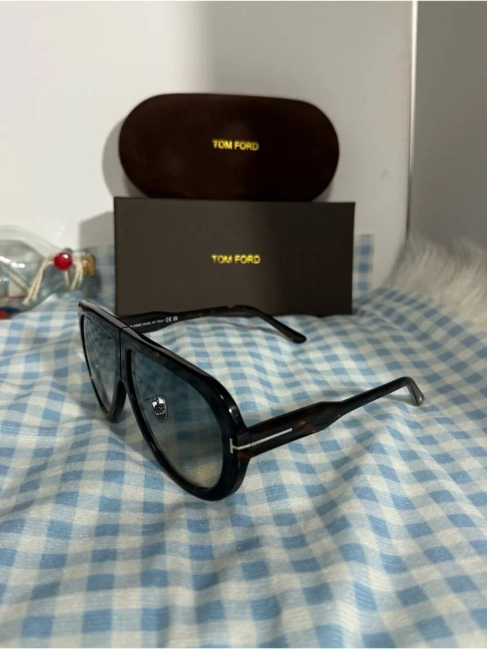 Tom Ford Tortoiseshell Shield Sunglasses with Brown-Gray Gradient Lenses